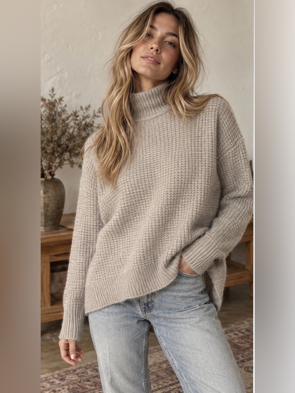 Madewell Wafflestitch Turtleneck Sweater XS Merino Alpaca Wool Oatmeal High Low